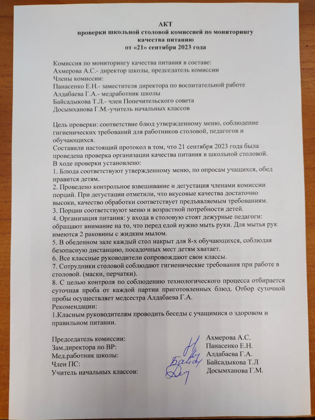 Акт мониторинга работы школьной столовой