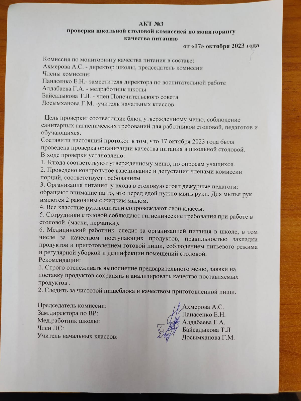 Акт проверки школьной столовой