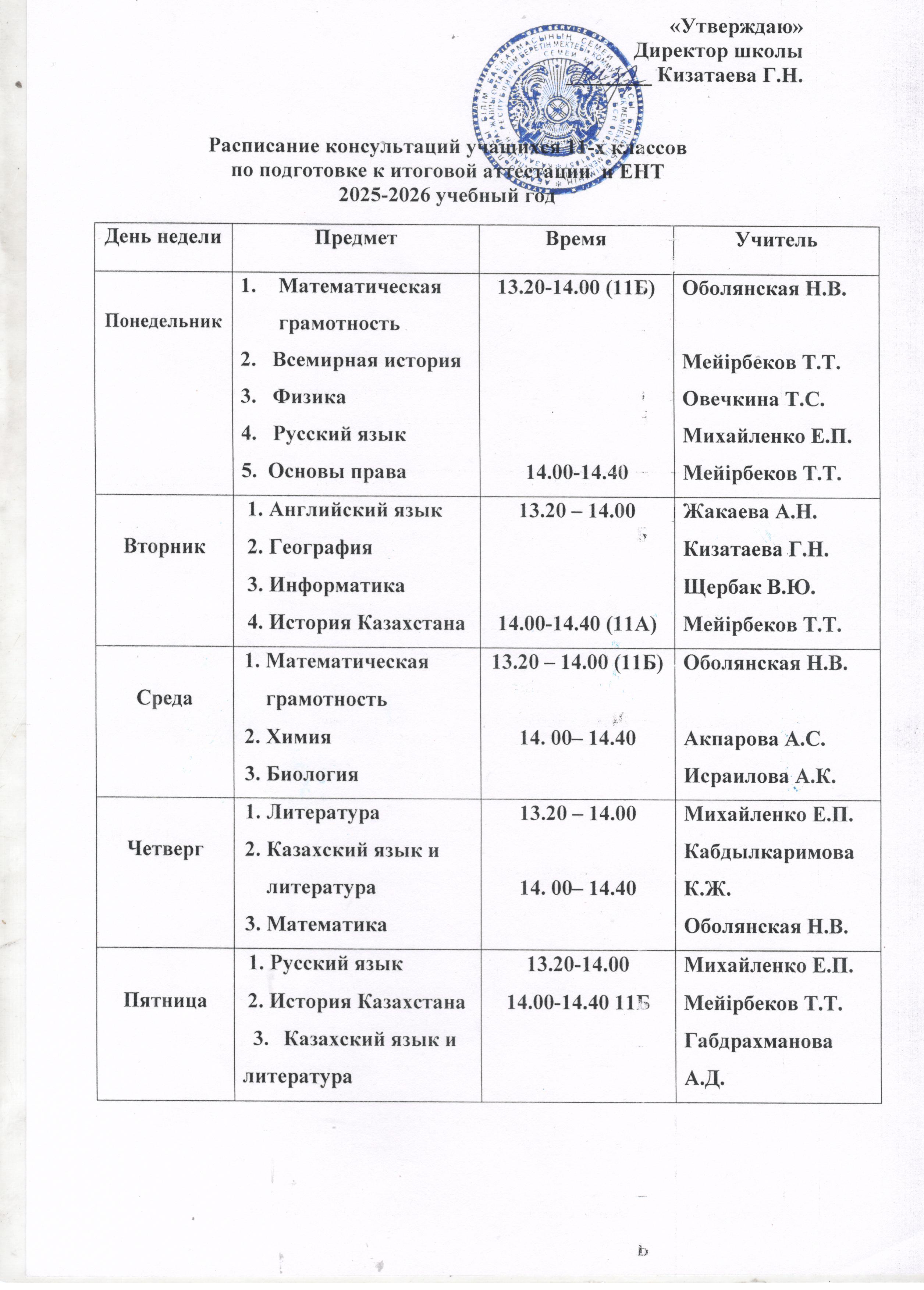 Расписание консультаций учащихся 11-х классов по подготовке у ИА и ЕНТ 2025-2026у.г.