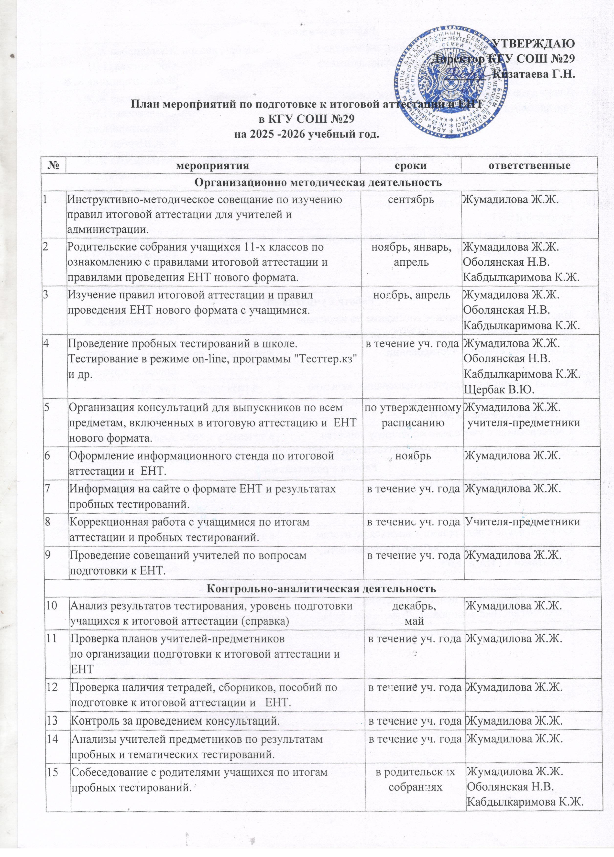 План по подготовке к ГИА и ЕНТ на 2025-2026 учебный год